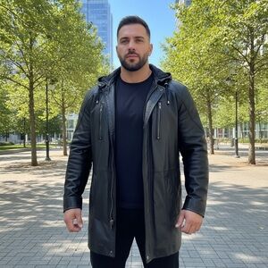 HY5 Black Faux Leather Hooded Double Layer Jacket Sz 2XL